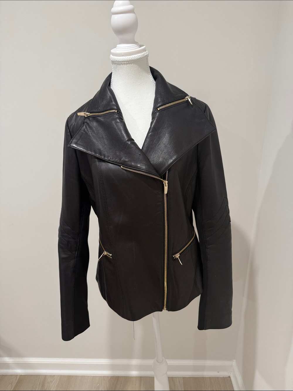 Via Spiga Black Leather Asymmetric Zip Moto Jacket with Gold Hardware Size M